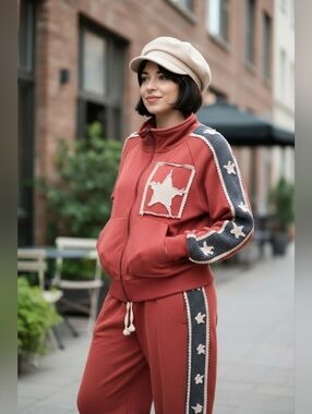 POL Star Patchwork Zip-Up Jacket - Rust Red Orange Mineral Wash Bomber